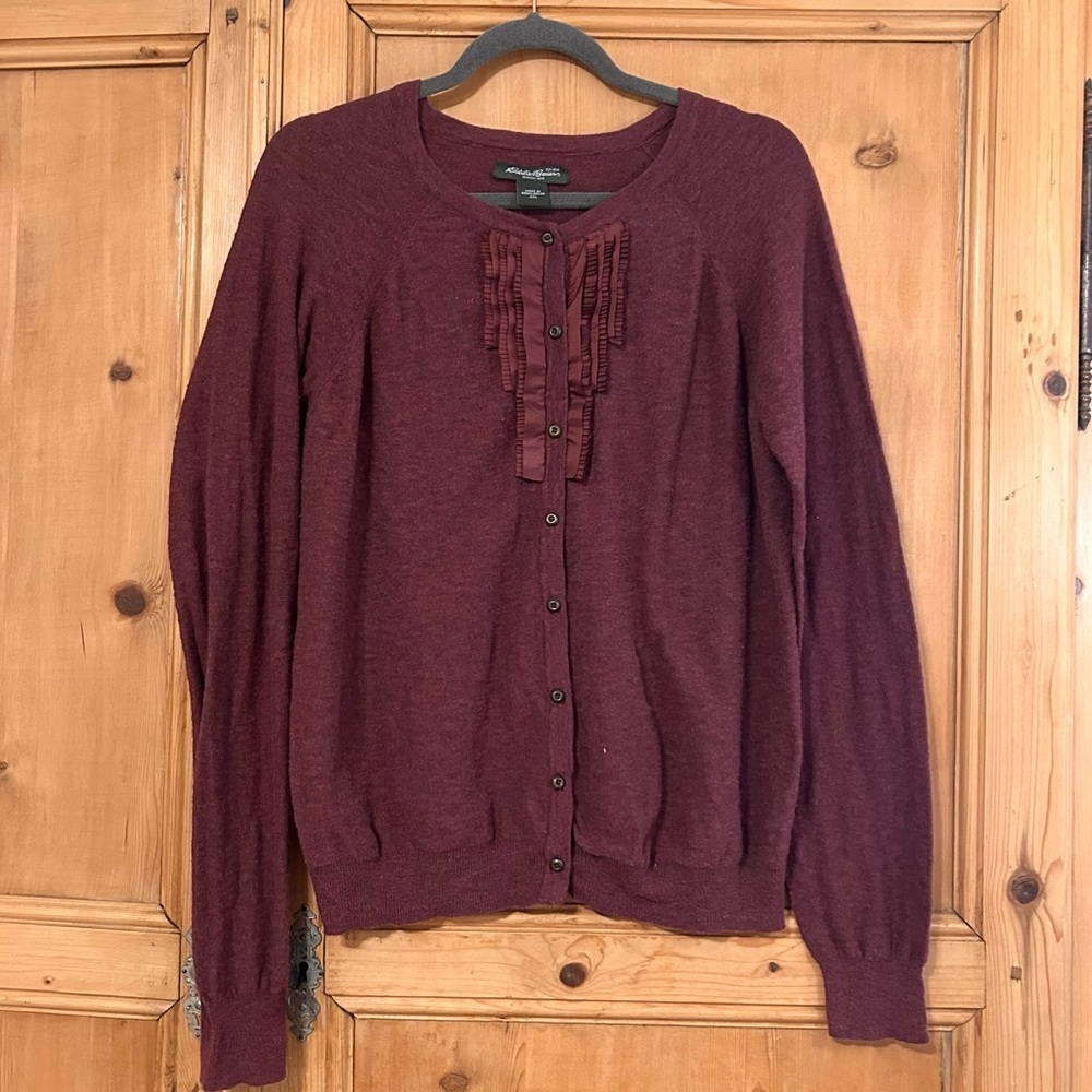 Eddie Bauer Women’s Wine Lightweight Cardigan with Satin Ribbon Detail